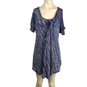 Sakkas Blue Purple Tie Dye Sequin Lace Up Boho Tunic Top Plus Size Rayon